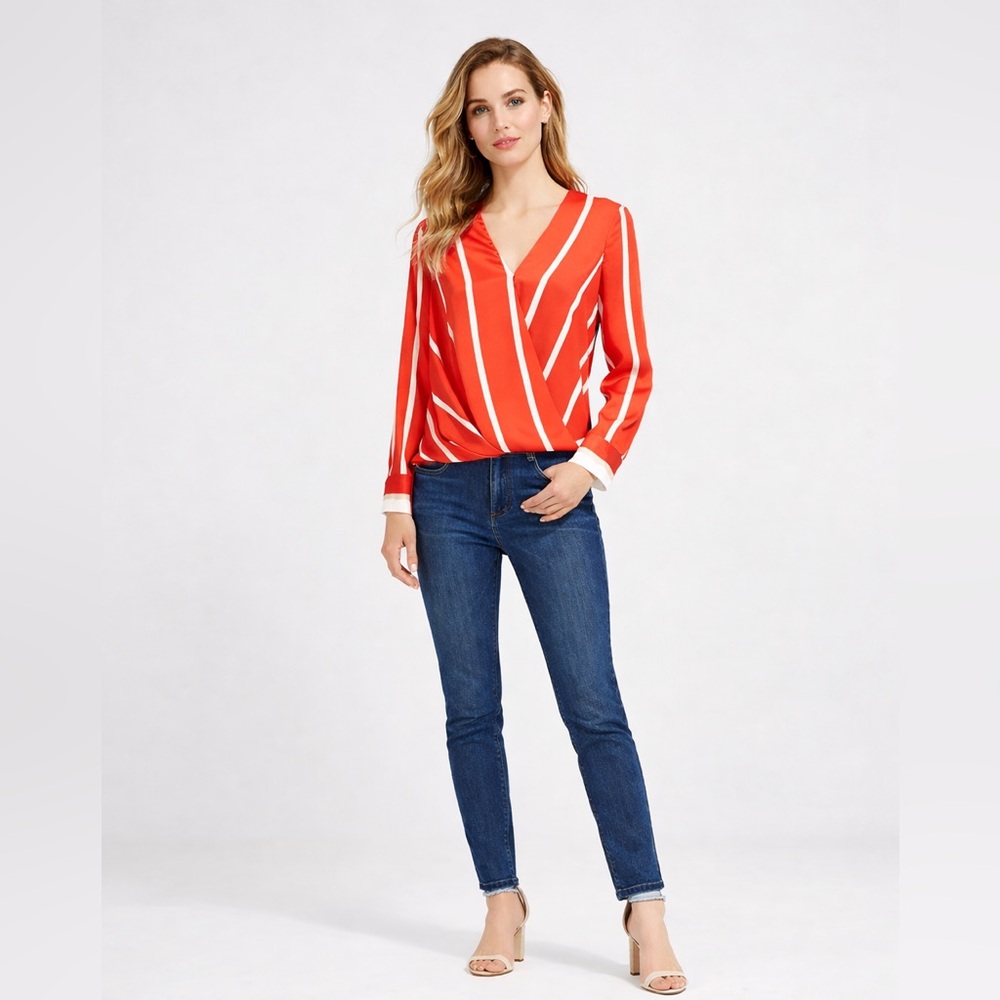Vince Camuto Red and White Striped Wrap Top Sz Medium